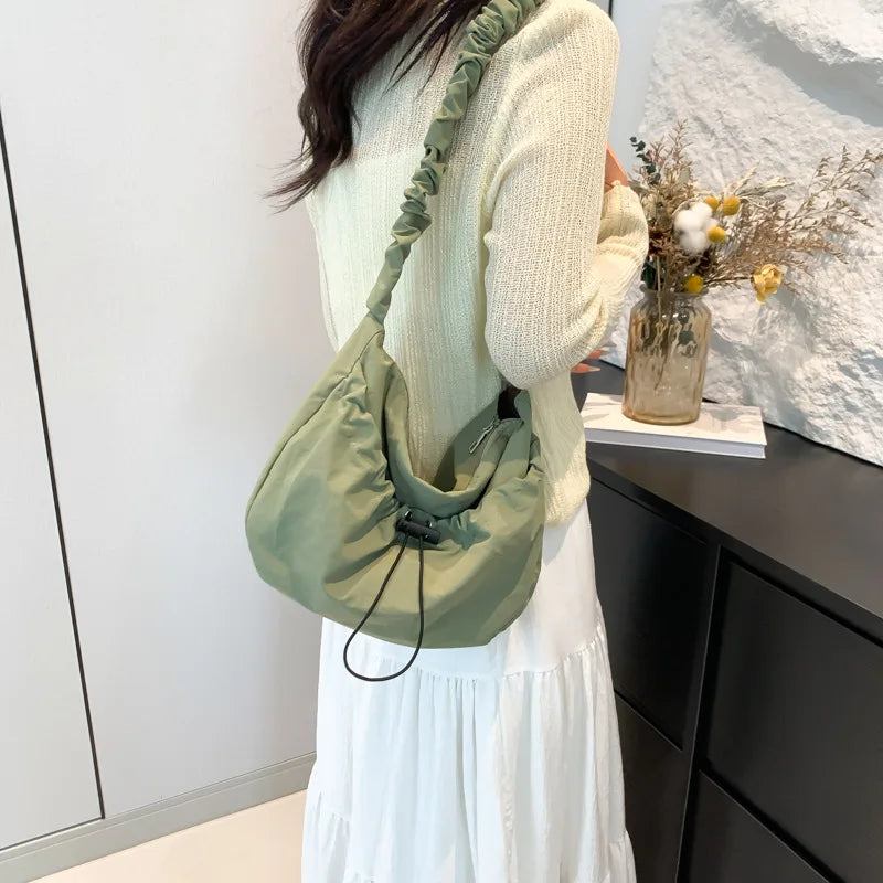 Ingvn  Soft Nylon Women's Drawstring Shoulder Bag Pleated Strap Female Hobos Crossbody Bags Large Capacity Ladies Solid Color Handbags