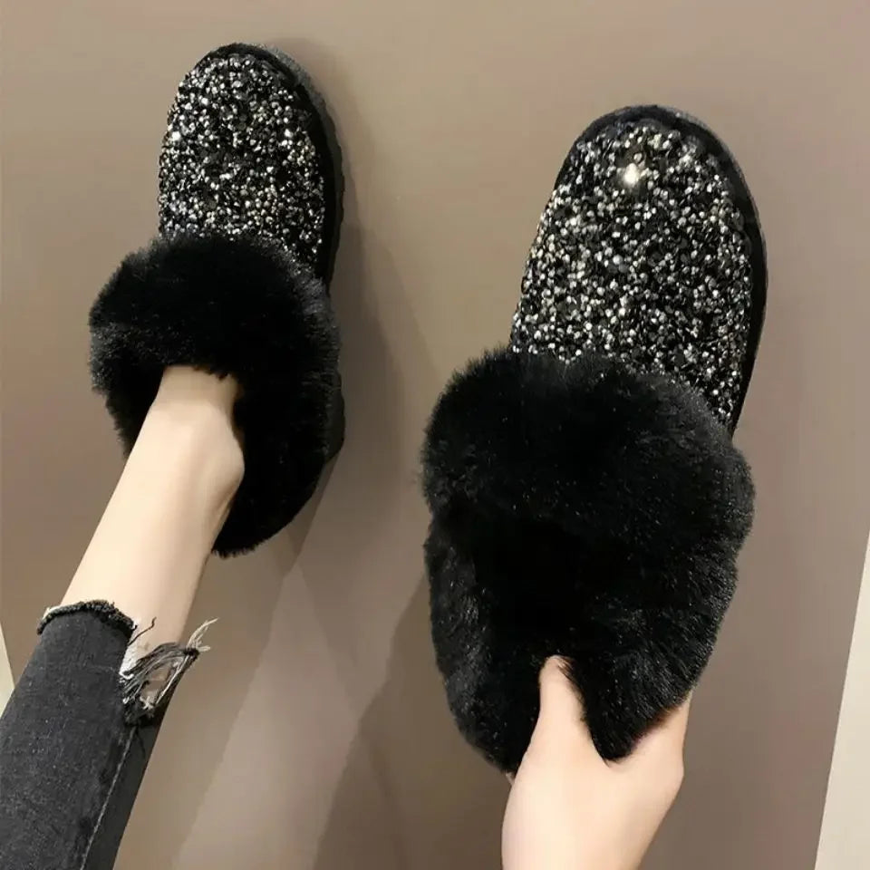 Ingvn  Womens Snow Boots Sexy Round Toe Shoes for Women Rhinestone Elegant with Low Heels Plus Warm Y2k Anti Skid on Promotion Gyaru Pu