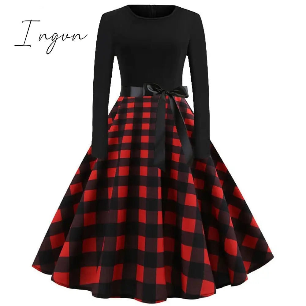 Ingvn - Winter Christmas Dresses Women 50S 60S Vintage Robe Swing Pinup Elegant Party Dress Long Sleeve Casual Plus Size Print Black