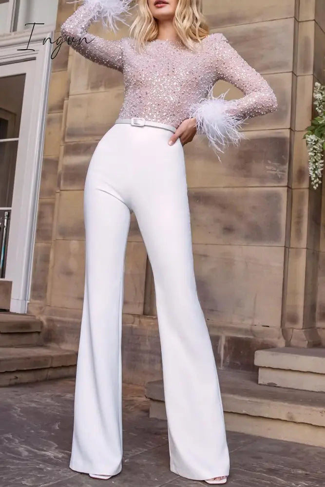 Ingvn - Fashion Sexy Solid Patchwork Feathers Beading O Neck Straight Jumpsuits(3 Colors)