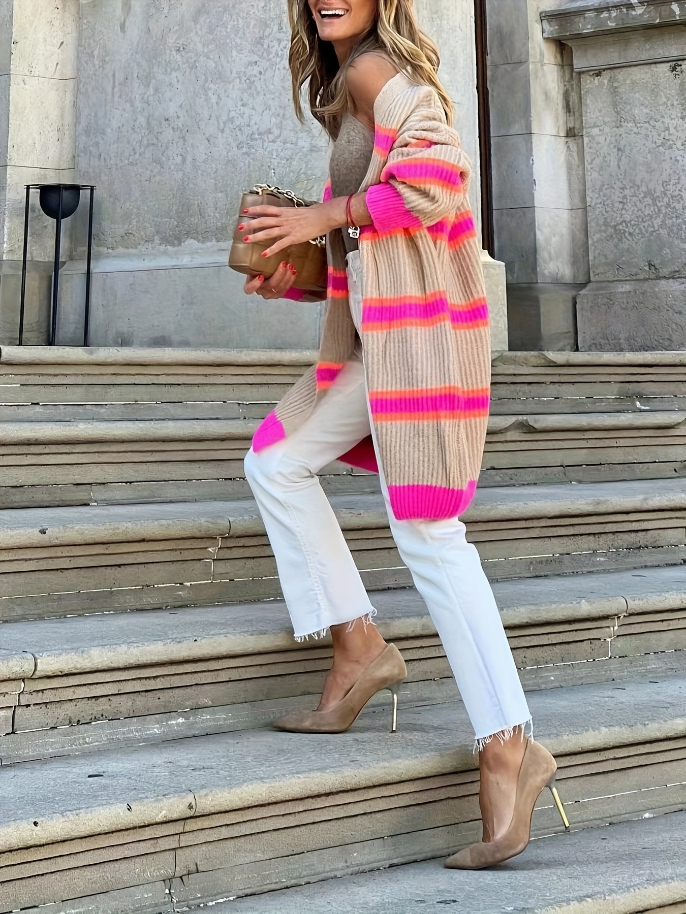 Stylish Striped Long Cardigan Sweater - Women's Fashion Cardigans - Soft Polyester Open Front Shawl with Color Block Design, No Collar, and Chic Winter Style - Perfect for Casual Daily Wear