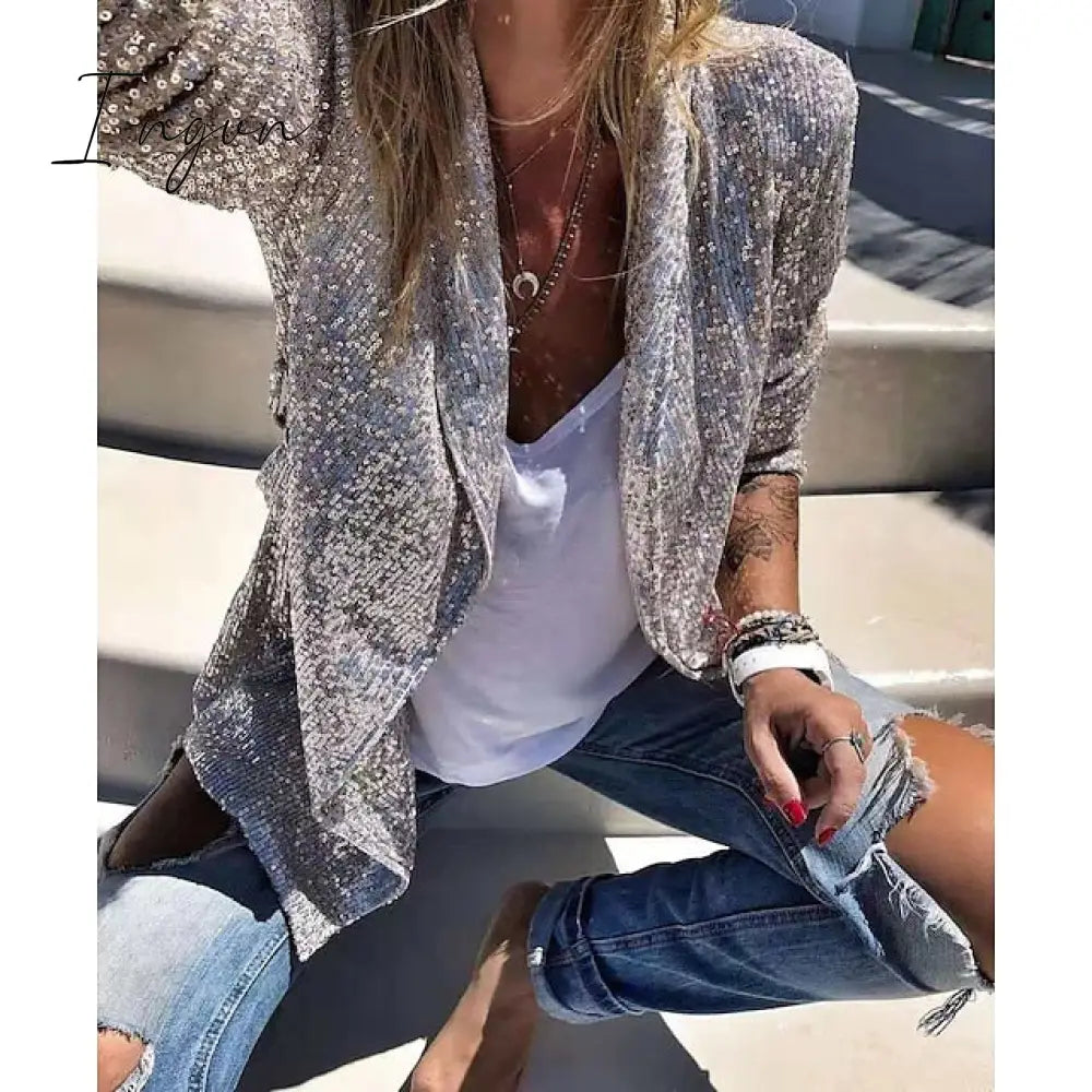 Ingvn - Women's Blazer Sequins Coat Sparkle Coa White Black Gold Open Front Long Sleeve,Sequin Jacket Shine Bright Like Diamond tParty Evening Spring Autumn Regular Fit S M L XL XXL