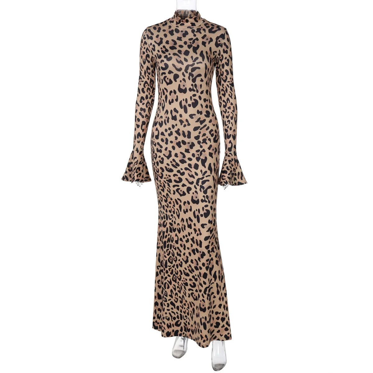 Leopard Print Long Sleeve Sexy Maxi Dress For Women Autumn Winter New Turtleneck High Waist Bodycon Club Print Dress