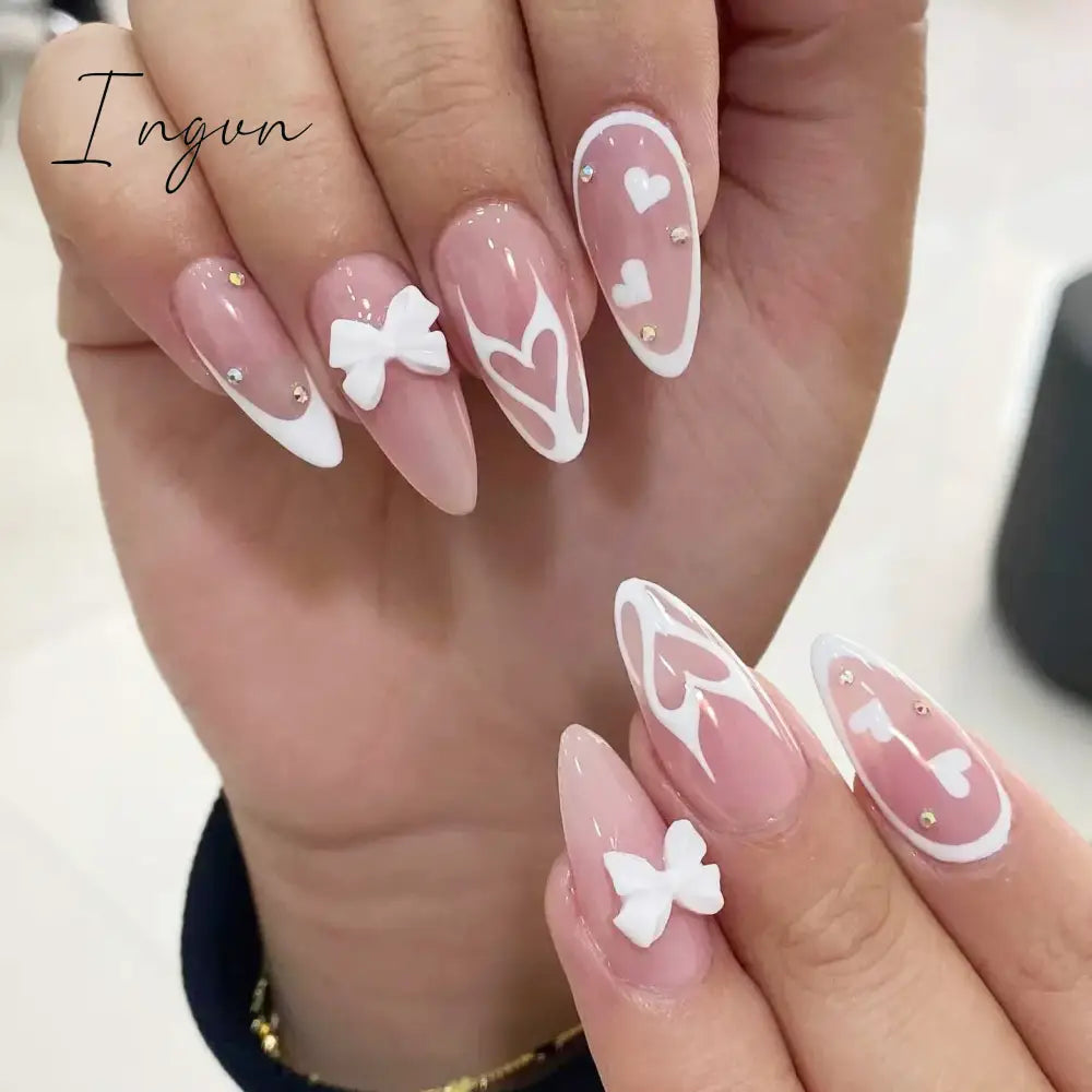24Pcs 3D Long Almond False Nails Red Nude Ballet Stiletto Wearable Fake Nails MilkTea Color Jelly Full Cover Press On Nail Tips