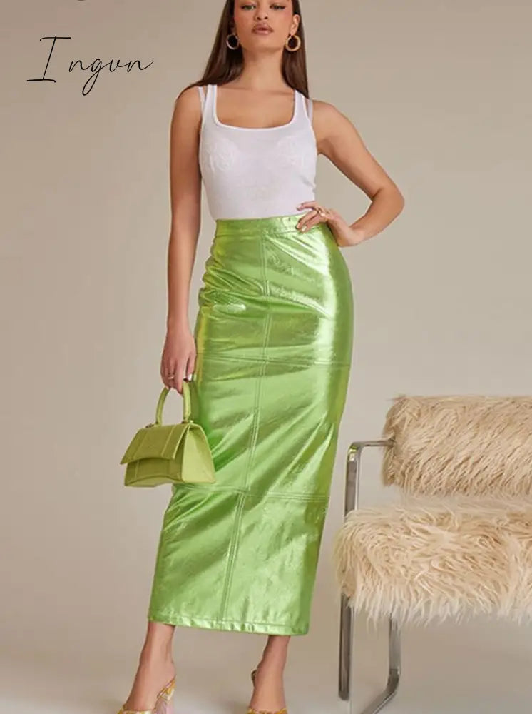 Ingvn - PU Leather Green Split Skirt for Women High Waist Hip Package Pathwork Bodycon Maxiskirt Sexy Female Prom Skirt New in 2023