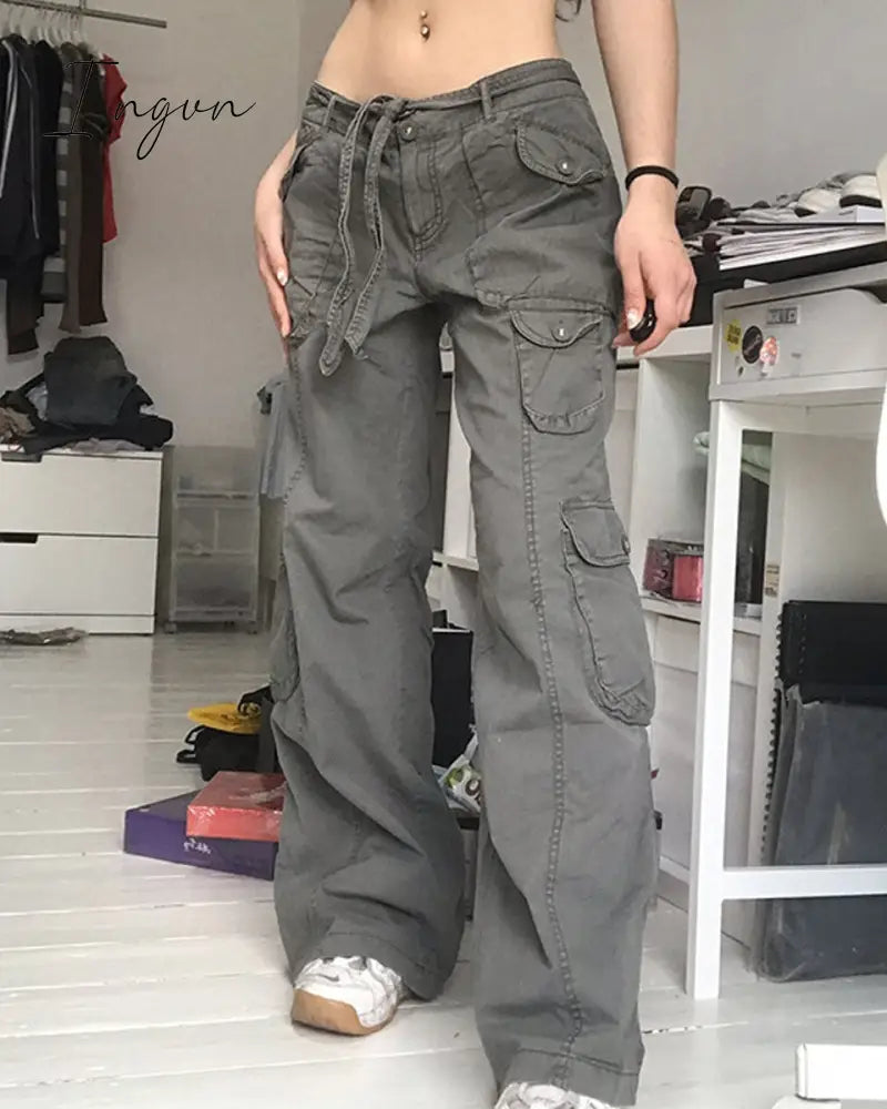 Ingvn - Fashion Women's Jeans Y2K High Street Waist Denim Trousers Drawstring Waist Flap Pocket  Baggy Jeans Loose Women's Classic Pants