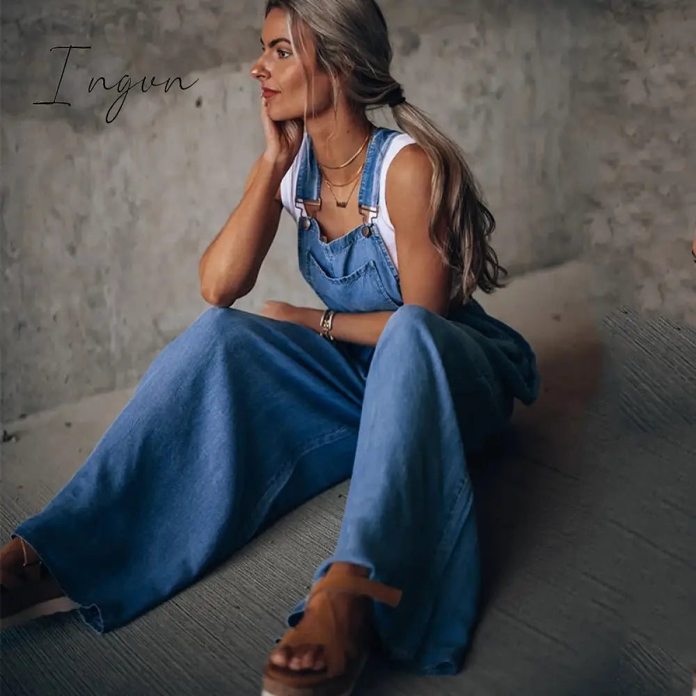 Ingvn - Summer Overalls For Women Blue Denim One-Piece Jumpsuits Loose Wide-Leg  With Pocket High-Waist Jumpsuits