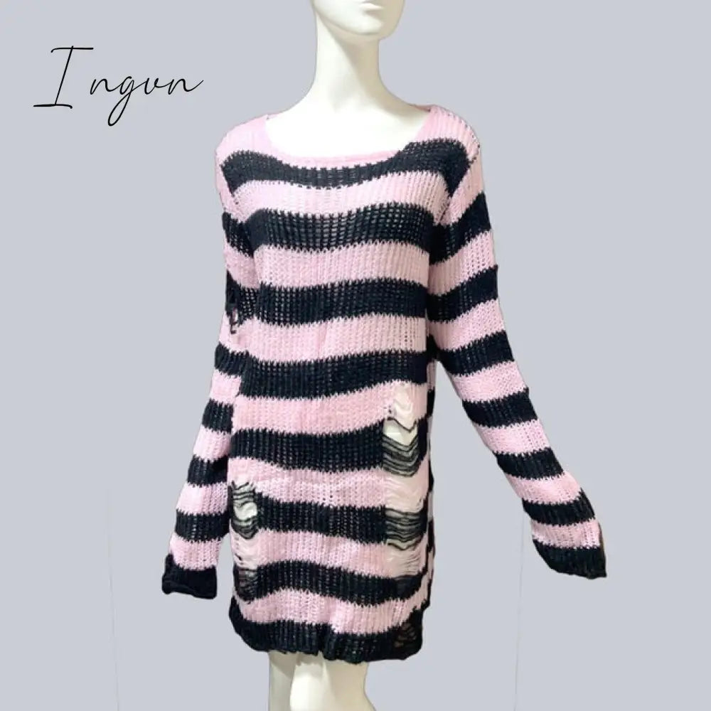 Ingvn - Plus Size Punk Gothic Long Unisex Sweater Dress Women Man Striped Cool Hollow Out Hole Broken Jumper Loose Rock Thin Sweter