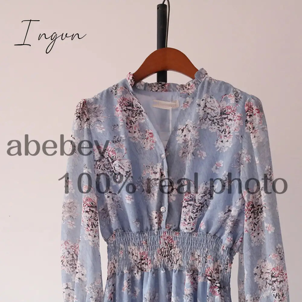 Ingvn - Mothers Day Gifts new fashion women's French dress female temperament V-neck long-sleeved chiffon floral dresses