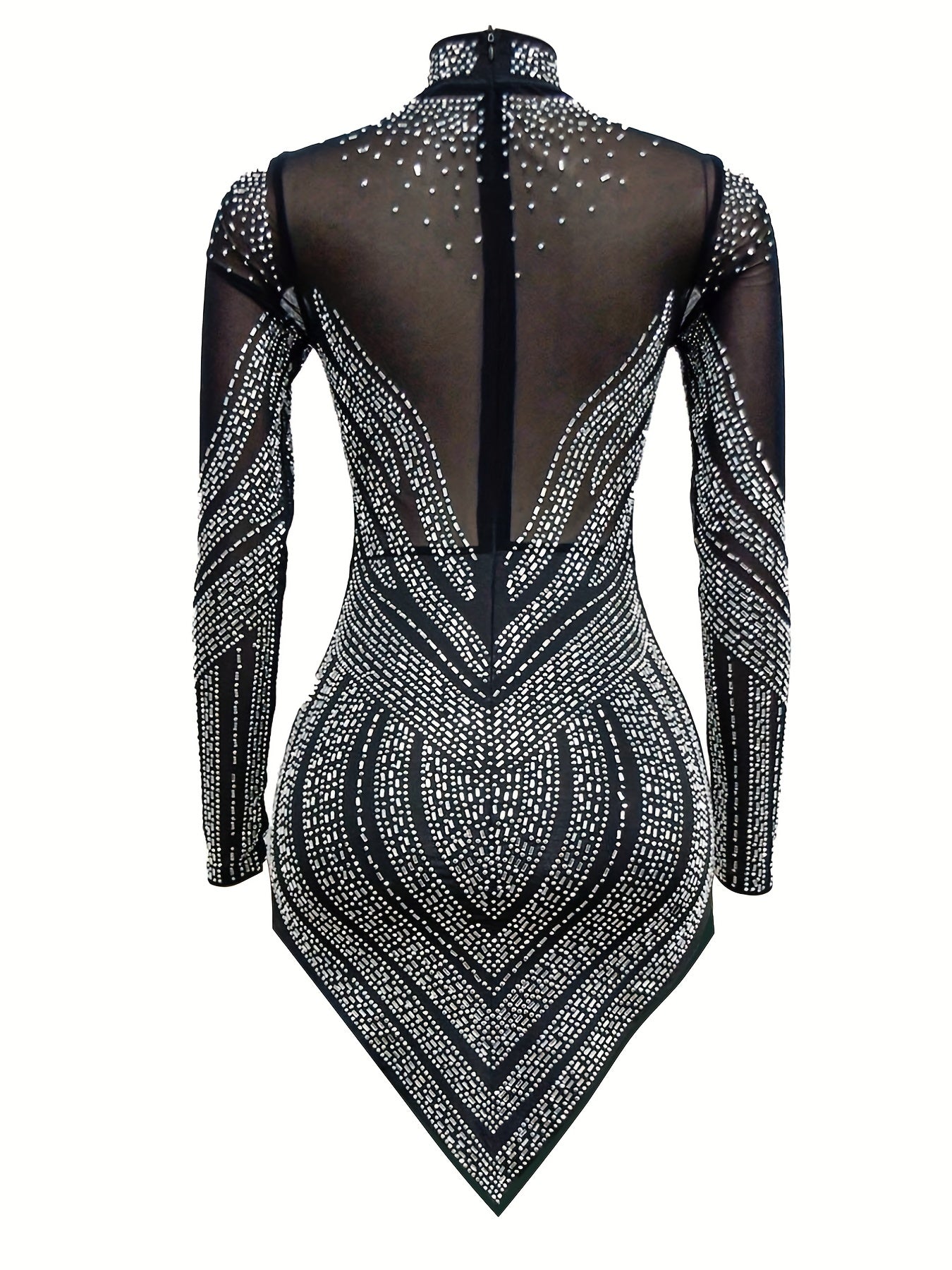 Rhinestone Semi-Sheer Dress, Sexy High Neck Long Sleeve Bodycon Party Dress, Women's Clothing