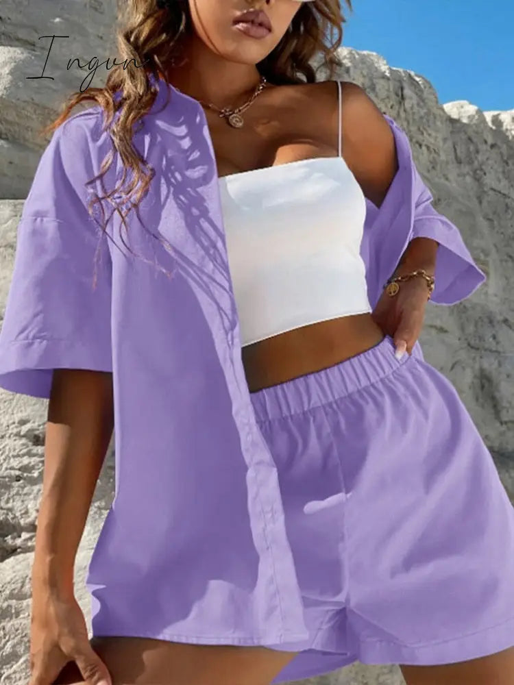 Ingvn - Long Sleeve Single-breasted Top + Broad-legged Shorts Set Fashion Ladies Sexy Solid Suits Summer 2 Piece Outfits For Women