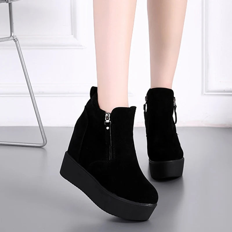 Winter Autumn Wedges Short Boots Women High Heel Snow Boots Short Plush Fur Ankle Boots Increased Internal Female Platform Shoes
