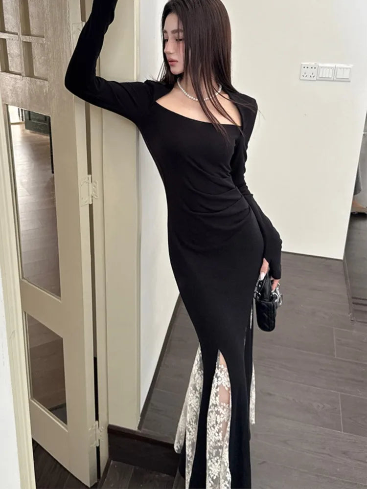 Elegant Black Pleated Mermaid Dress for Women Autumn Long Sleeves Lace Patchwork Slim Party Fairy Long Dresses Female Clothing