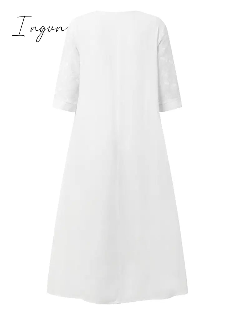 Ingvn - Women's Cotton Linen Dress Casual Dress Midi Dress Cotton Casual Mature Outdoor Daily Vacation V Neck Ruched Pocket Half Sleeve Summer Spring Fall 2023 Loose Fit White Blue Green Plain S M L XL 2XL