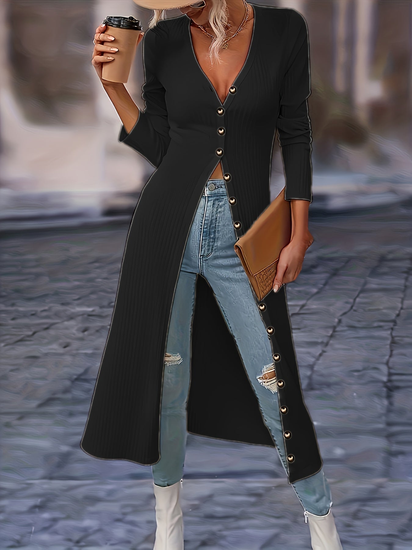 Womens Chic Solid Knit Cardigan - Soft Button Down, Long Sleeve, Slim Fit, Long Length - Perfect for Layering, Elegant Casual Wear
