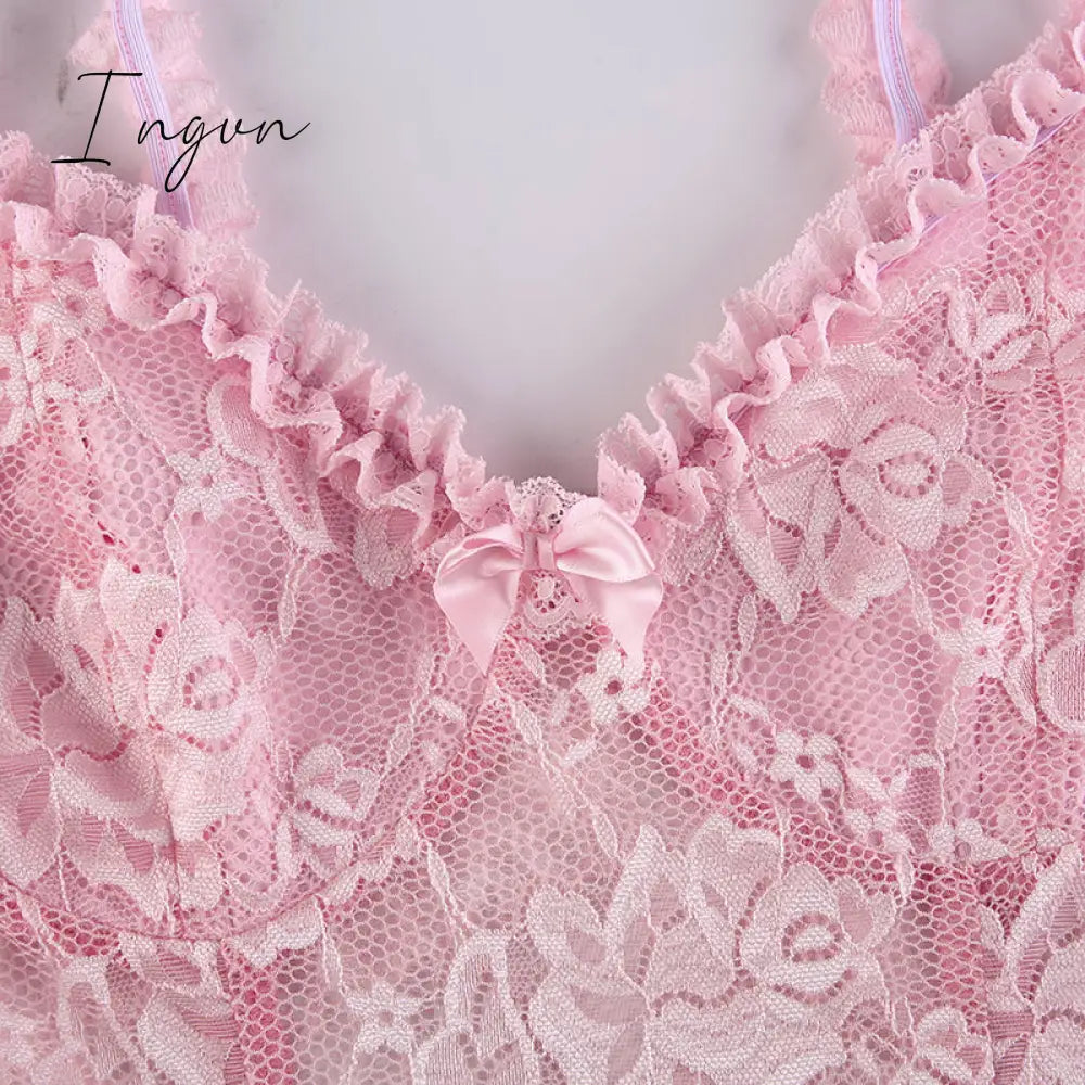 Ingvn - Sweet Cute Lace Cami Dress See Through Sexy Slim Sleeveless Ruffles Bow A-Line Mini Dresses For Women Summer Spring Lady