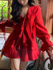 Ingvn - 2023 Autumn Red 2 Piece Dress Set Women Casual V-Neck Y2k Crop Tops + Mini Skirts Even Party Clothing Korean Style Fashion Suits