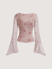[Slim Floral Print Knot Tee] Floral Print Knot Front Slim T-Shirt, Elegant Flare Sleeve T-Shirt For Spring & Fall, Women's Clothing