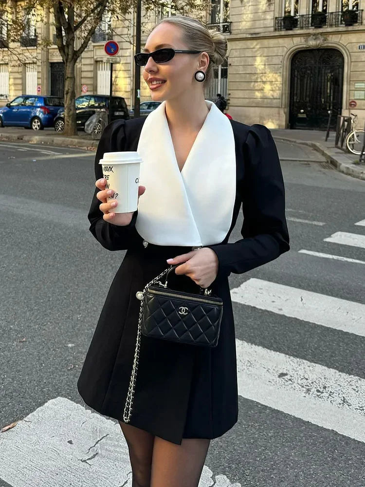 Contrast Color Lapel Suit Dress Elegant Office Woman Outfits Pleatd Splice High Waist Mini Dress Double Breasted Fashion