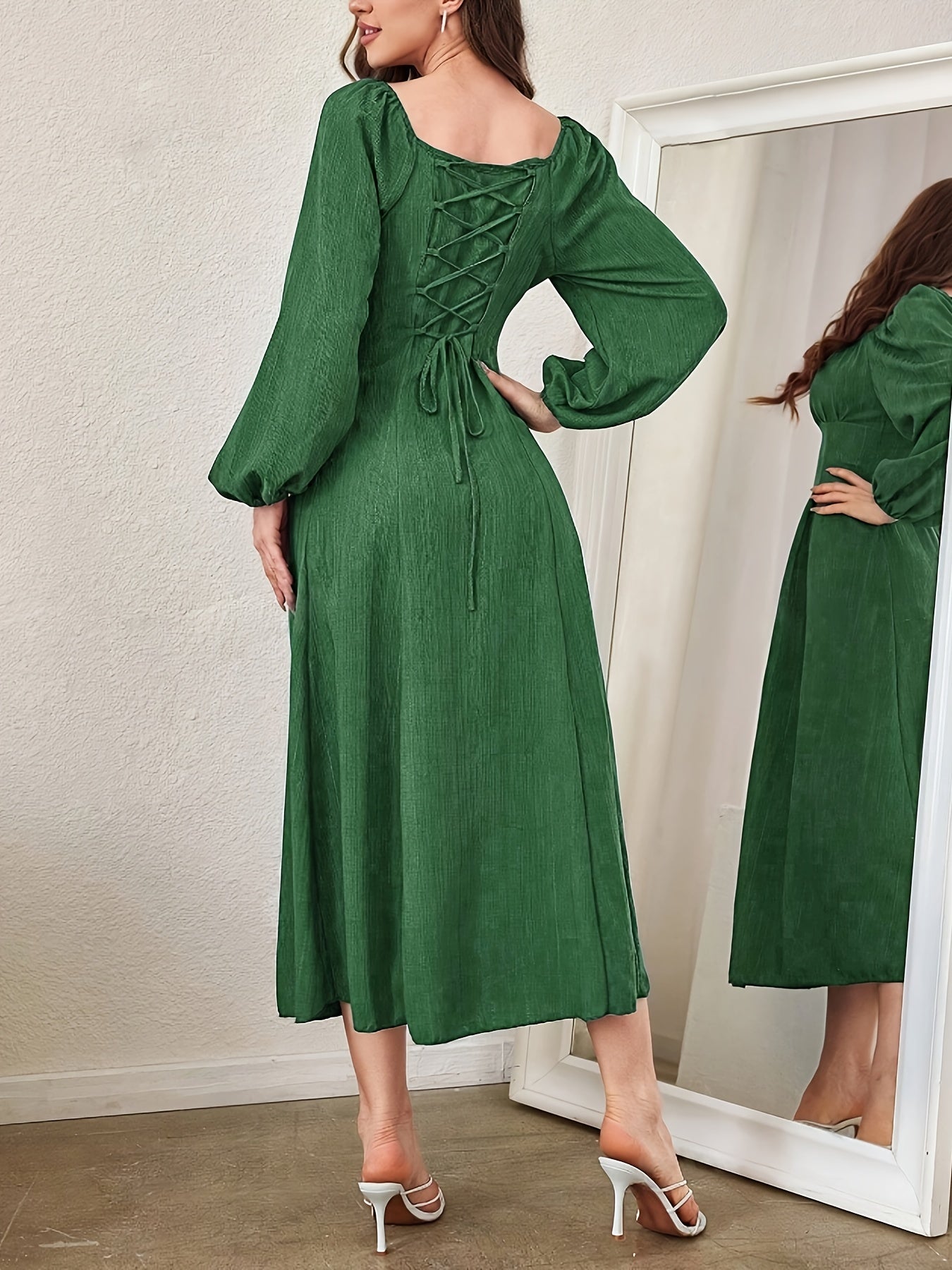 Stunning Textured Cross Tie Lantern Sleeve Midi Dress - Elegant Square Neck, Drawstring Waist, Semi-Sheer, Solid Color, Polyester, Machine Washable, Customized Fitted Design for Women - Perfect for Spring and Fall Seasons