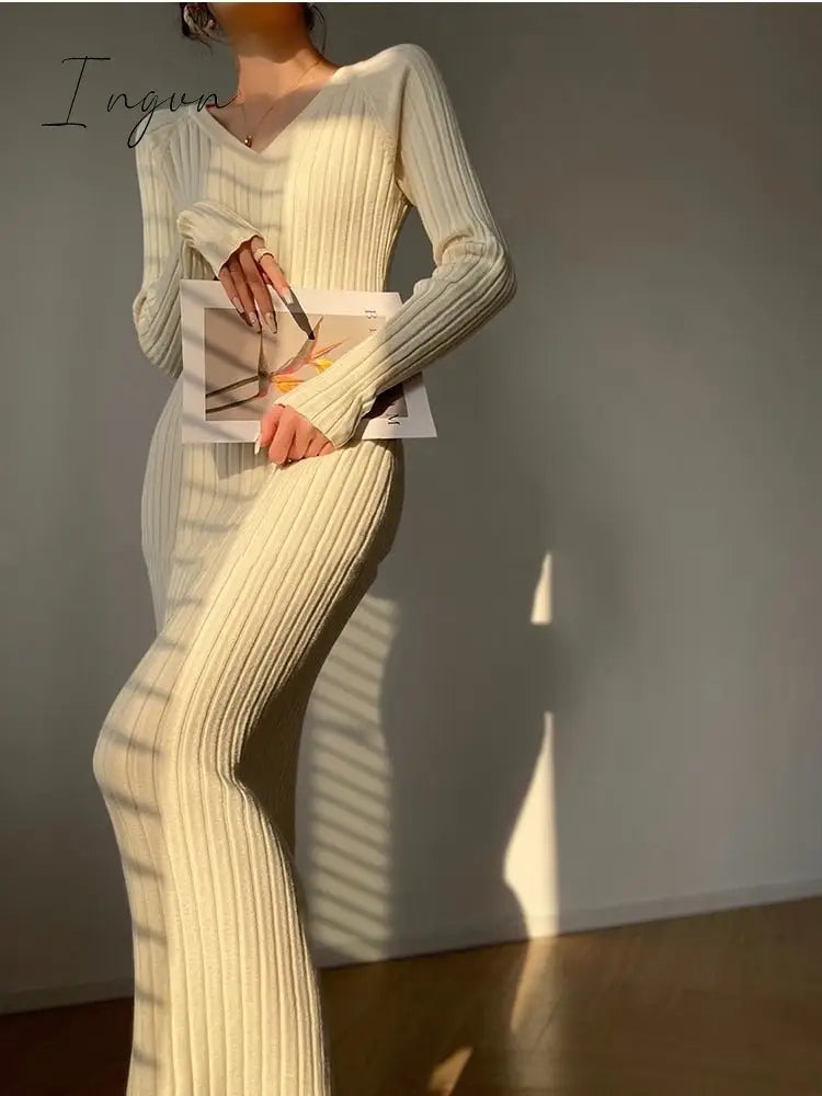 Ingvn - Winter Base Clothes 2023 Autumn New Bodycon Knitted Midi Dress Women Fashion Korean Warm Long Sweater Vestidos Female Elegant