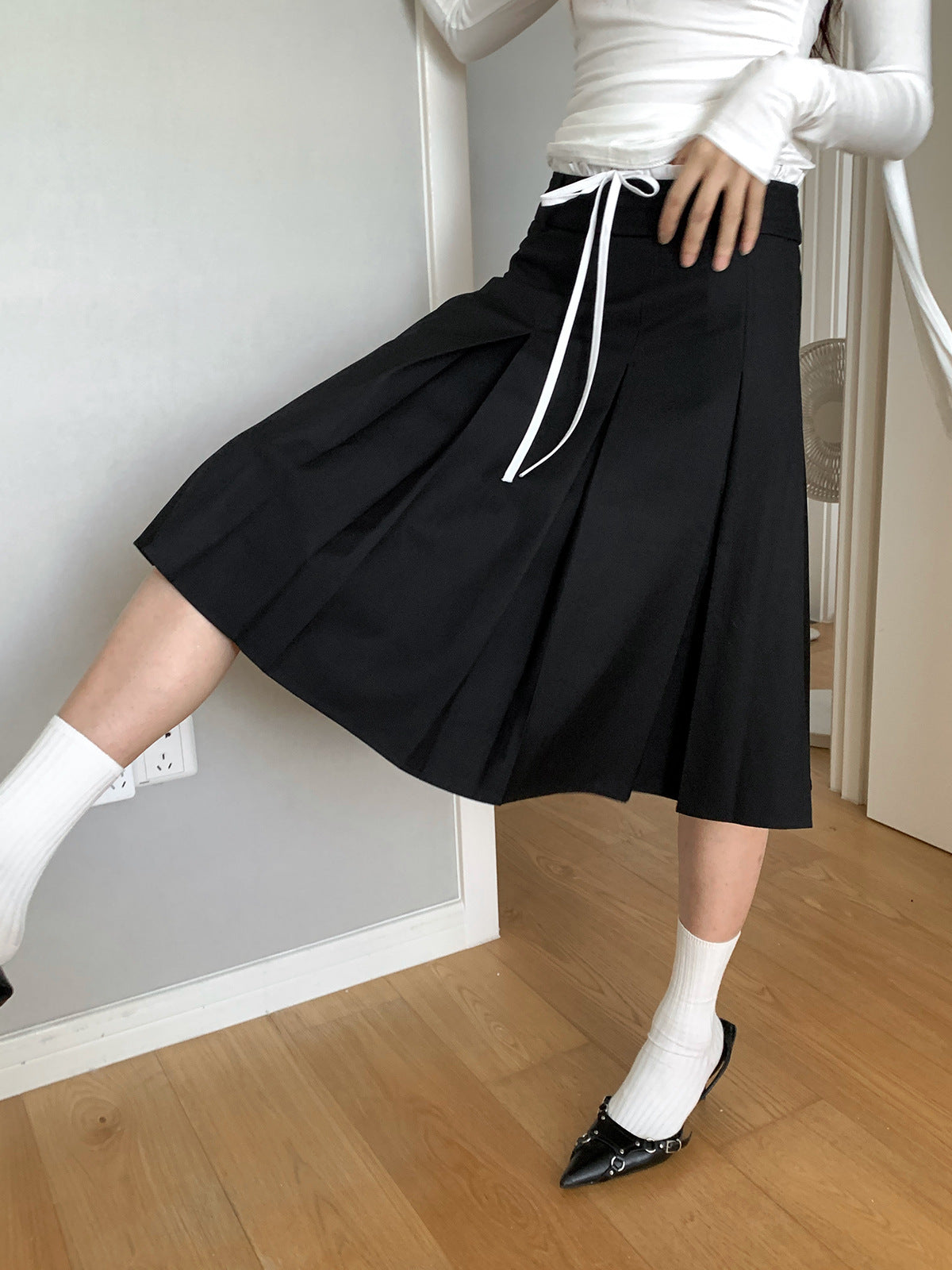 Casual Korean Contrast Color Drawstring Skirt Women's Autumn Mid-Length A-Line High Waist Slim Pleated Skirt Women