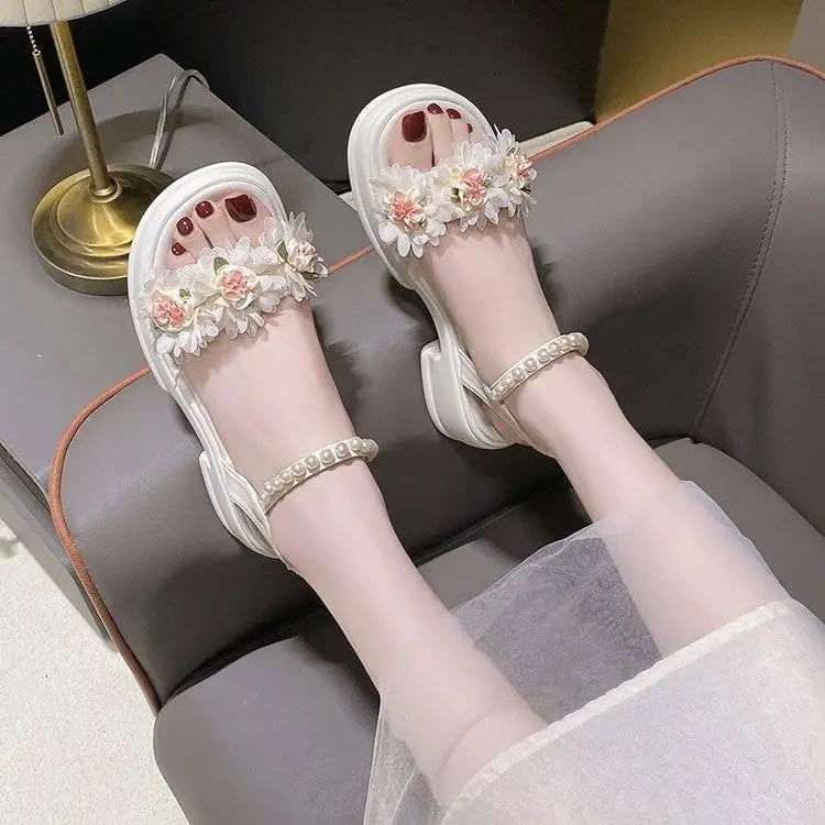 Ingvn  Summer Sandals for Woman Diamond Women's Shoes Beach Footwear with Medium Heels Beige Platform Rhinestones F Korea