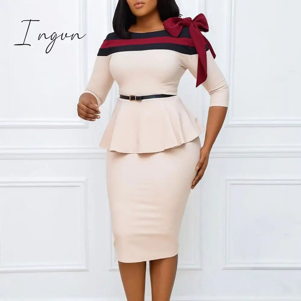 Ingvn - puff sleeve women patchwork dress autumn  bodycon dresses elegant office lady work midi dresses femme vestiods plus size 4xl
