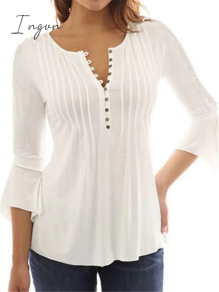 Ingvn - Pleated V-neck Flared Sleeve Plain Color Blouse For Women