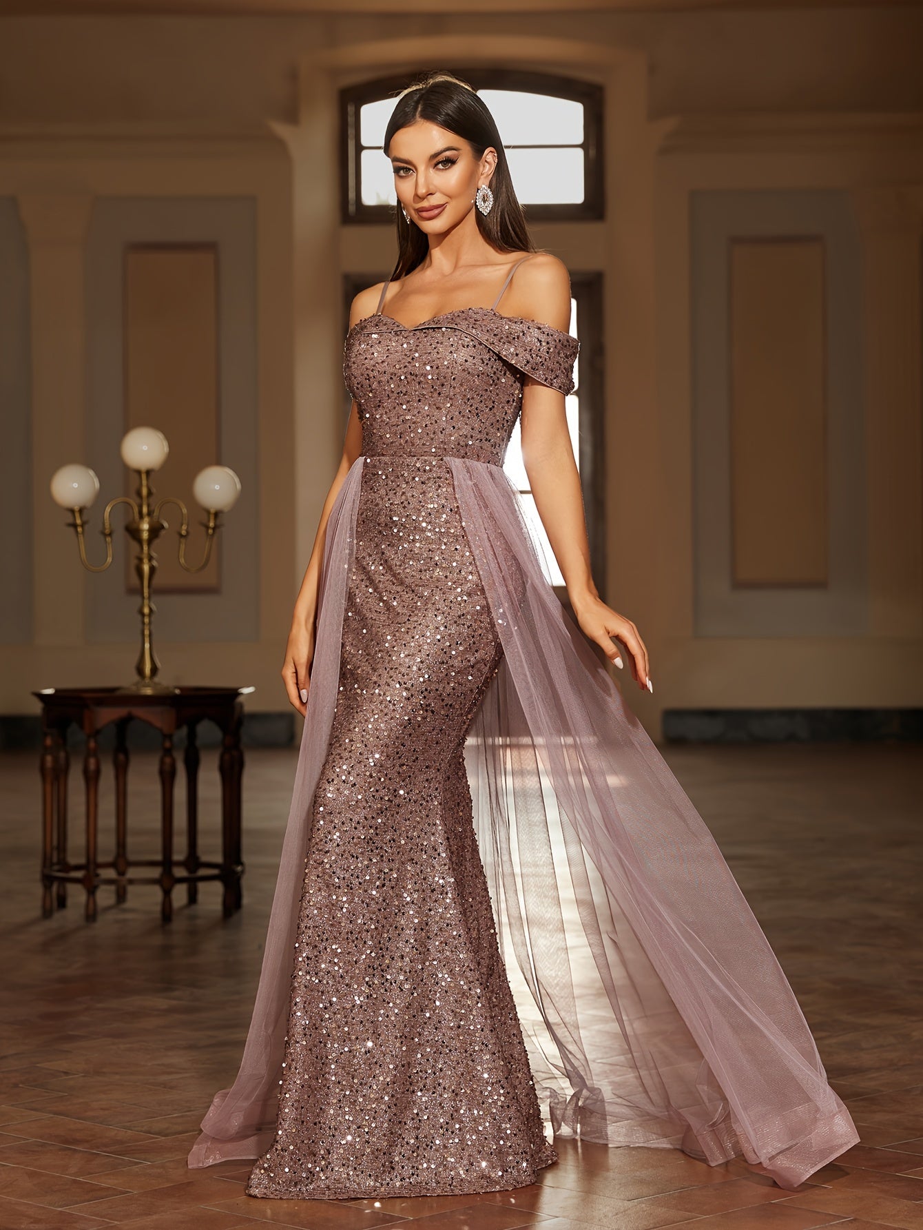 Sequined Contrast Mesh Cold Shoulder Asymmetrical Dress, Elegant Bodycon Dress For Party & Banquet, Women's Clothing