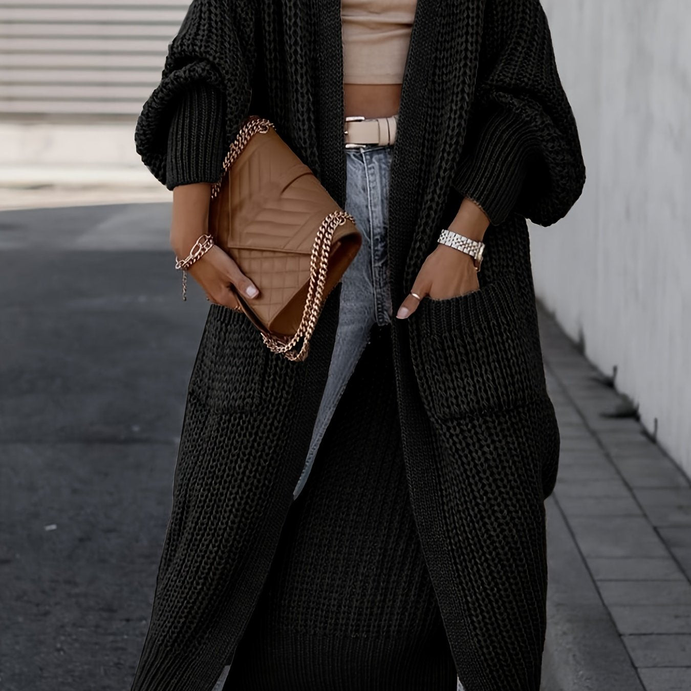 Solid Open Front Pocket Cardigan, Casual Long Sleeve Long Length Sweater For Fall & Winter, Women's Clothing
