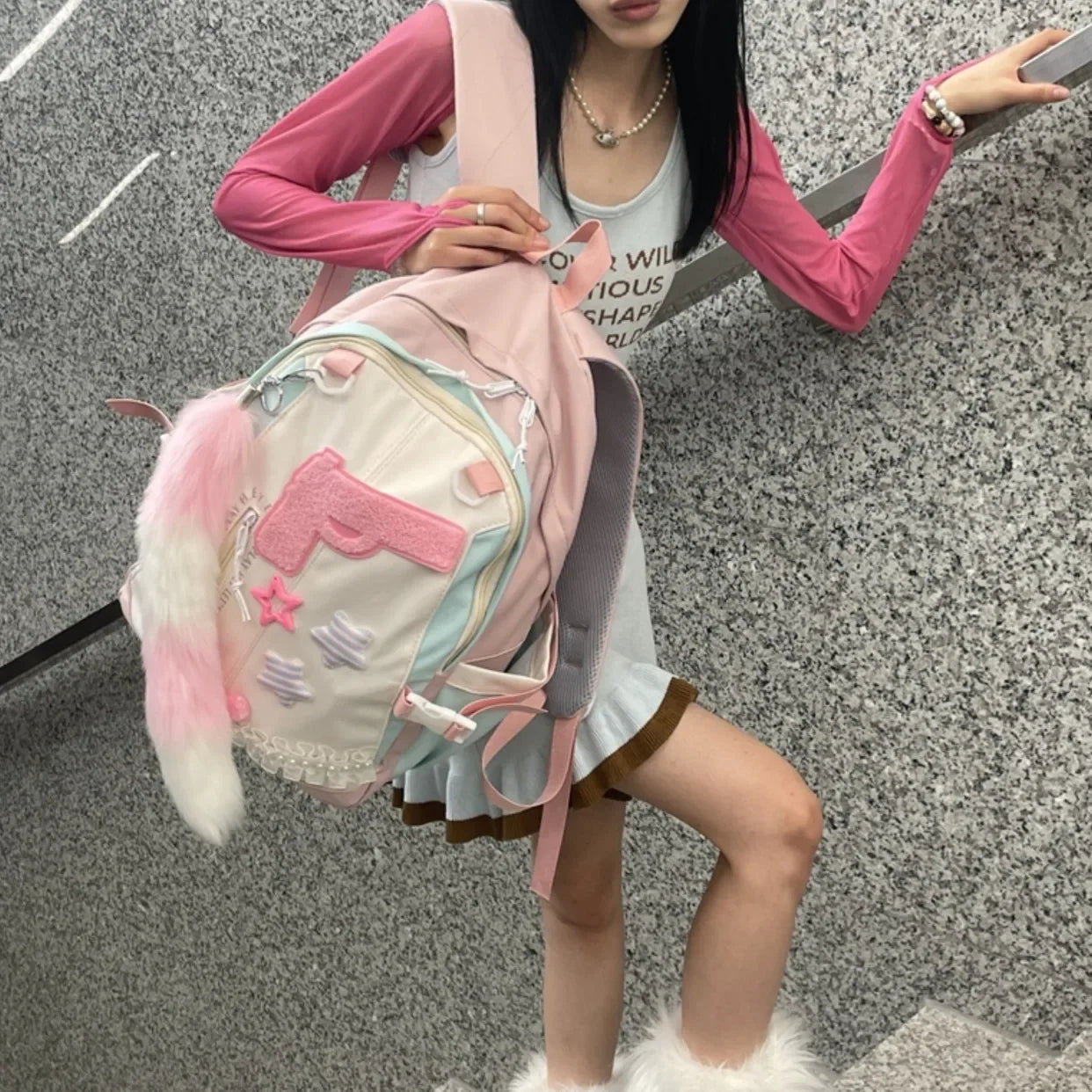 Ingvn  Y2k Japanese Original Pink Girl Pistol Star Backpack Personalized High Capacity College Schoolbags Sweet Cool Girl Shoulder Bag