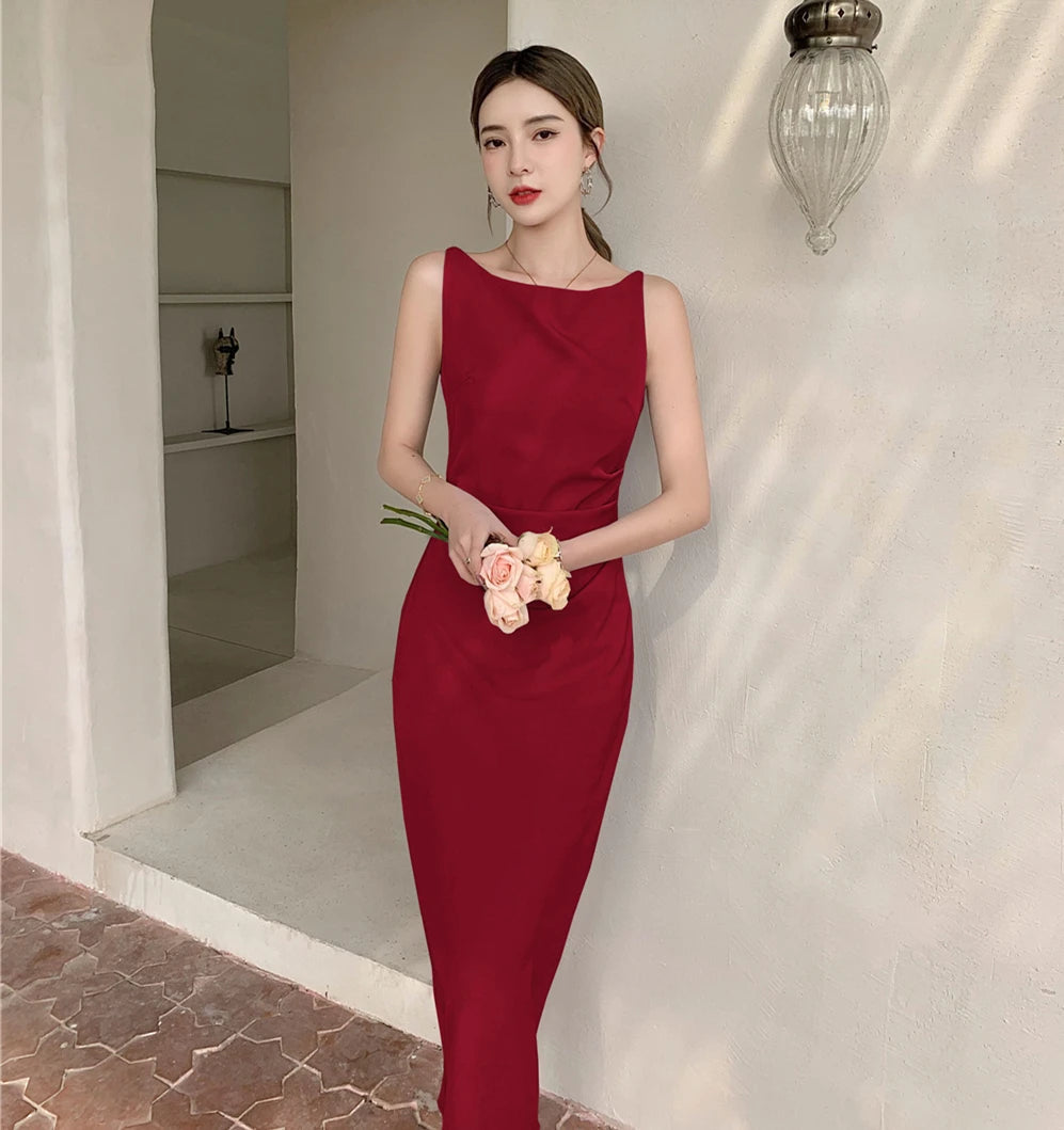 Elegant Evening Party Bodycon Midi Dress for Women Summer New Vintage Fashion Sleeveless Spaghetti Strap Casual Female Clothing