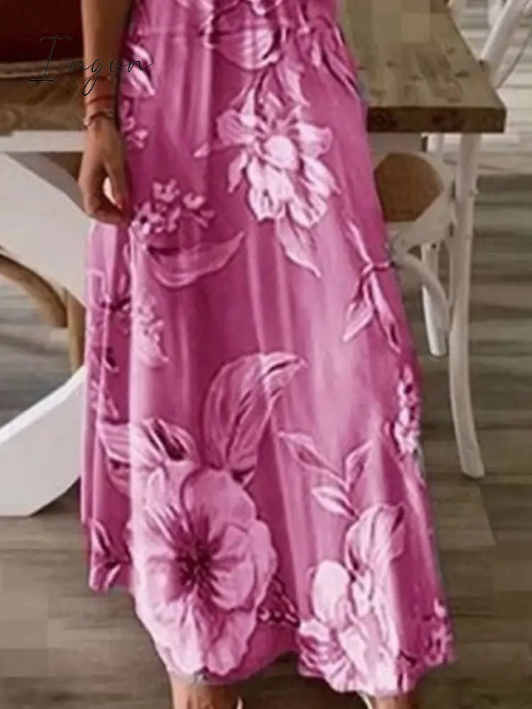 Ingvn - Women's Long Dress Maxi Dress A Line Dress Summer Dress Print Dress Floral Fashion Modern Daily Holiday Date Ruched Print Sleeveless V Neck Dress Regular Fit Pink Blue Purple Summer Spring S M L XL
