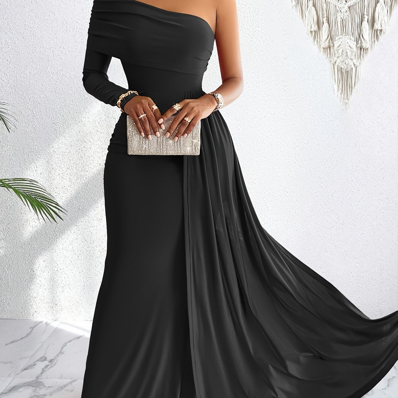One Shoulder Asymmetrical Flowy Dress, Elegant Ruched Maxi Dress For Party & Banquet, Women's Clothing