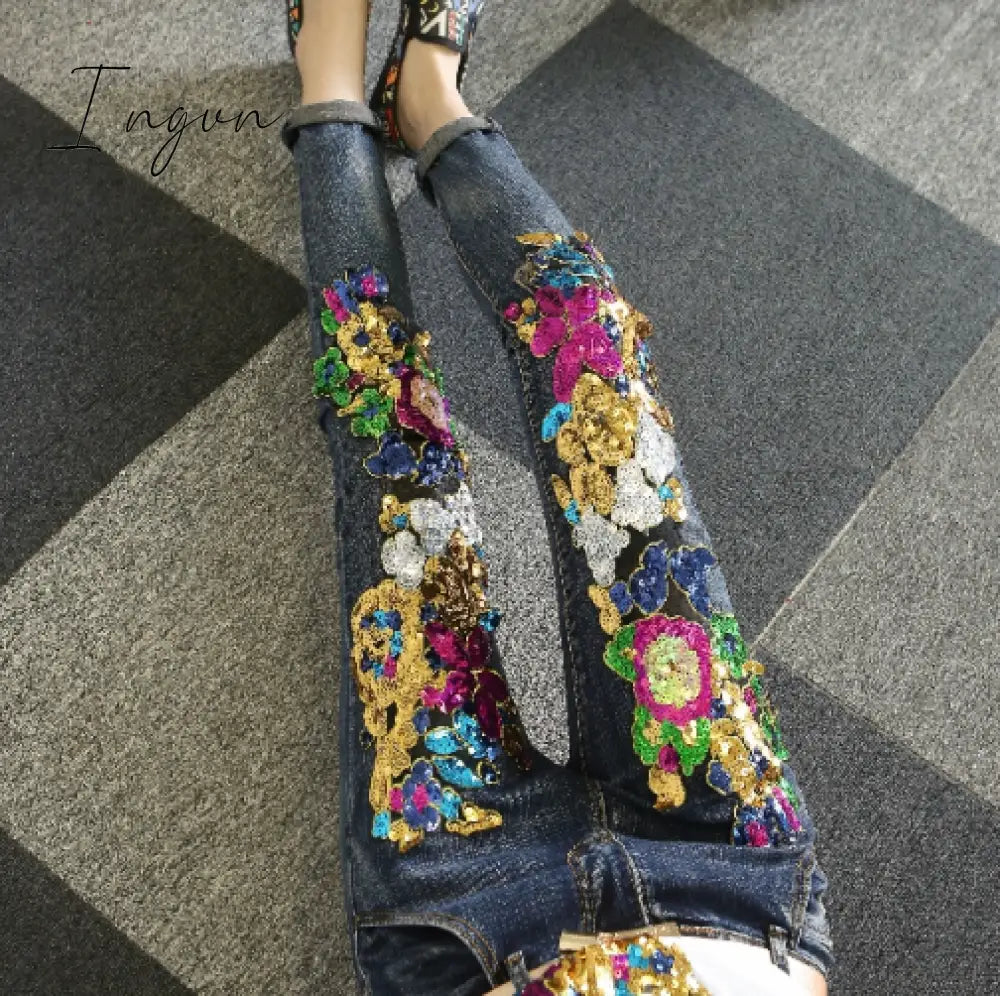 Ingvn - European Style Denim Suit Fashion Outfit Women New Flower Sequined Denim Jacket Short Jacket &amp; Jeans Pants Two-Piece Set Female