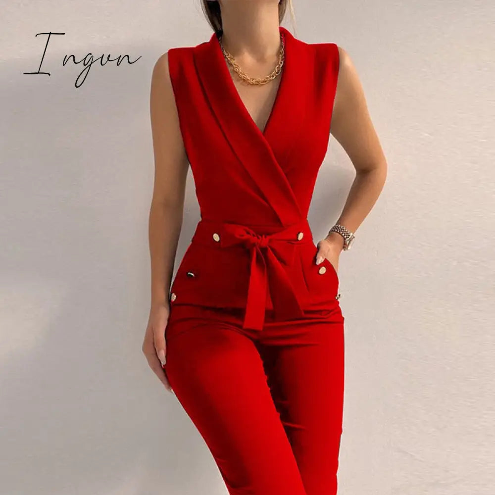 Ingvn - New Solid Casual Women Summer Jumpsuits V-Neck Lace-Up Sleeveless Wide Leg Pants Button Ladies Bodysuits Streetwear