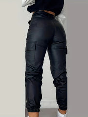 Stretchy Cargo Jeans - High-Waisted, Multi-Pocket, Leather-Look, Y2K Streetwear-Inspired, Fashionable Jogger Jeans for Women - Comfortable, Versatile, and Trendy Denim Clothing
