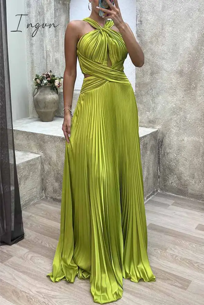 Ingvn - Elegant Solid Fold Halter Evening Dress Dresses
