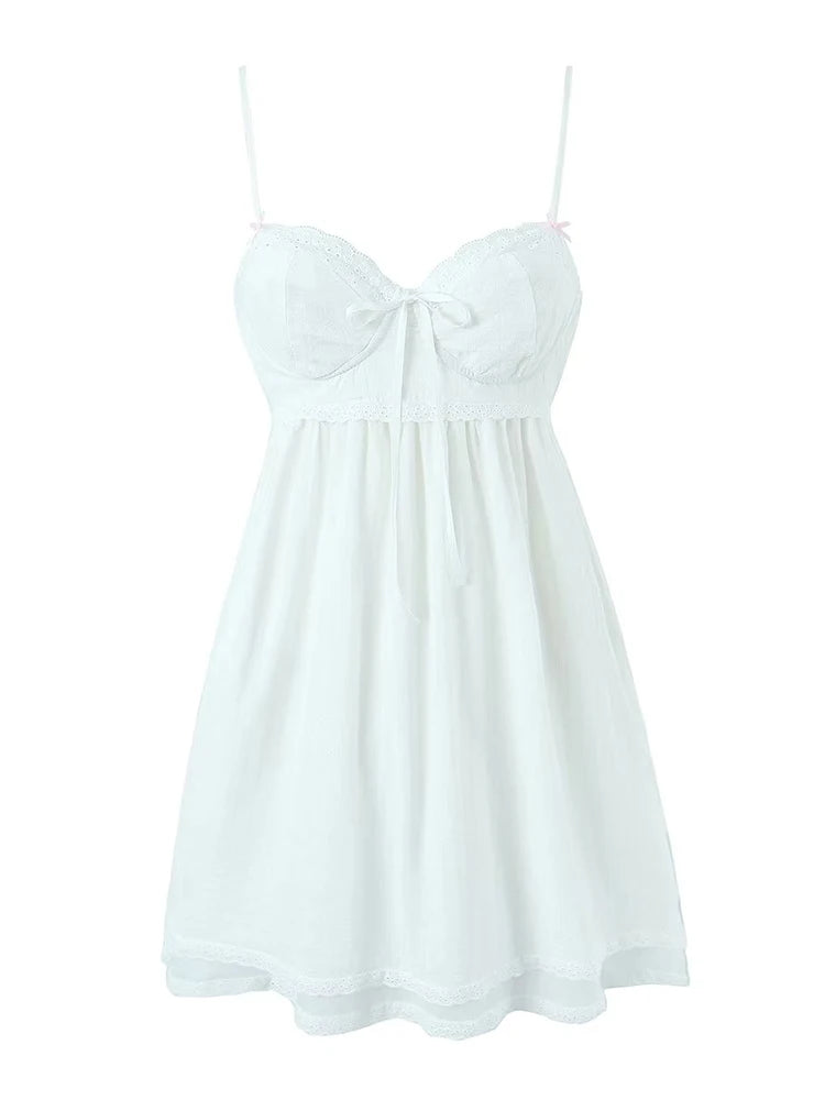 Summer Women Embroidery Spliced Bow White Sling Dress Sexy Sleeveless Back Lacing Up Ladies Holiday Party Mini Robe
