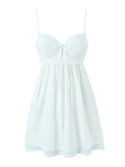Summer Women Embroidery Spliced Bow White Sling Dress Sexy Sleeveless Back Lacing Up Ladies Holiday Party Mini Robe