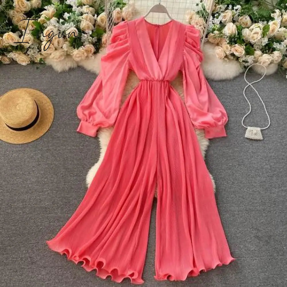 Ingvn - Spring Outfits Women Women's Sexy Pleated Romper Autumn Solid Purple/Black/White Jumpersuit Female Ruffle Wide Leg Draped Playsuits Female New
