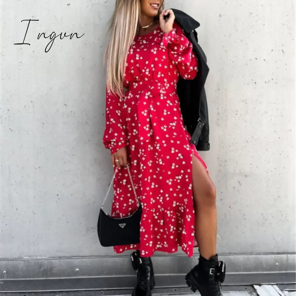 Ingvn - Women Floral Print V Neck Side Slit Party Dress Spring Autumn Long Sleeve Elegant Ladies Sexy Elastic Waist Slim Dress Vestidos