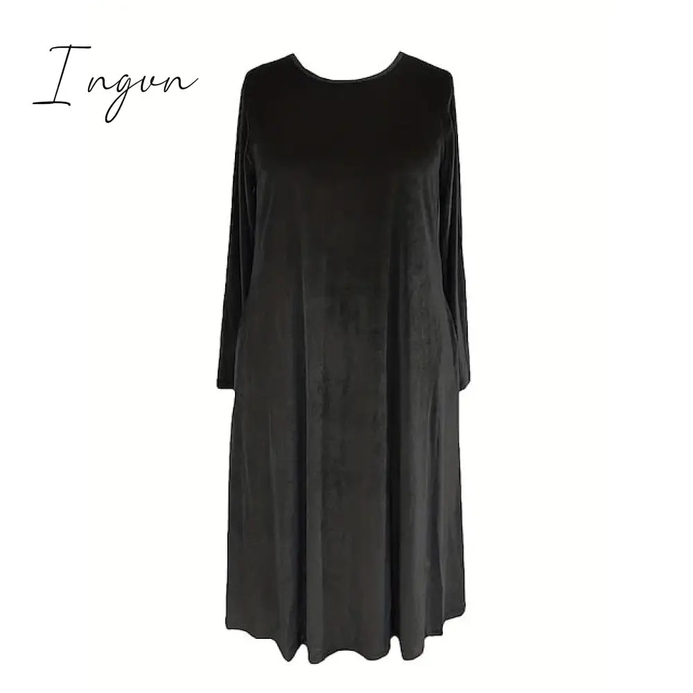 Ingvn - Women‘s Velvet Dress Shift Dress Caftan Dress Long Dress Maxi Dress Green Black Purple Long Sleeve Pure Color Pocket Winter Fall Spring Crew Neck Mature Winter Dress Daily Vacation 2023