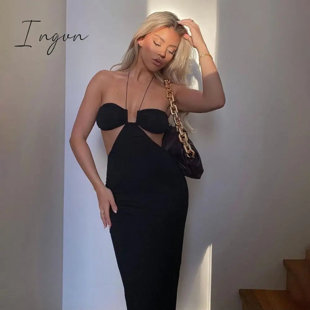 Ingvn - Women Summer Dress Wrap Hollow Out Backless Halter Backless Beach Dresses Maxi Long Vestidos