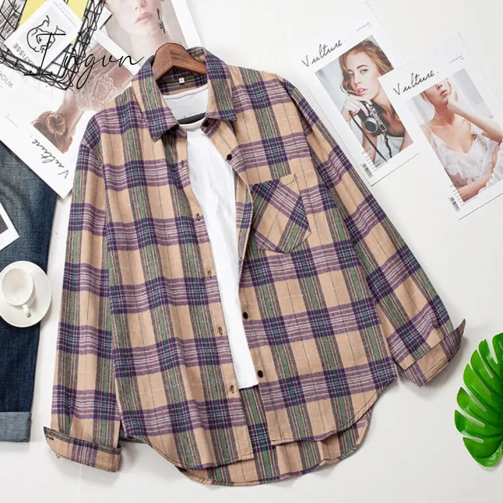 Ingvn - Plaid Shirts Women Top And Blouses Long Sleeve Oversized Cotton Ladies Casual Blusas One Pocket Loose Female Checked Shirt