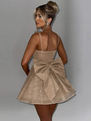 Bow Backless Sexy Mini Dress For Women Robe Spaghetti Strap Sleeveless Backless High Waist A-line Club Dress Vestido