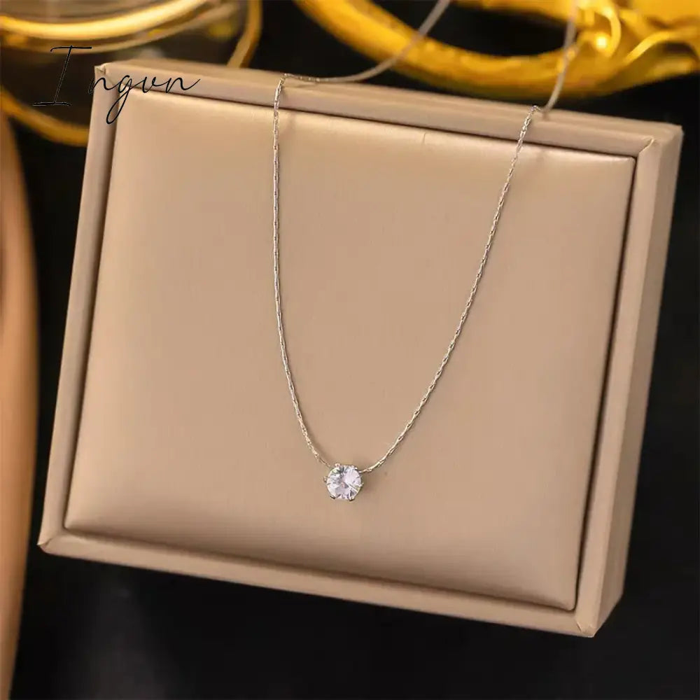 New Trendy Simple Bling Zircon Pendant Necklace for Women Exquisite Stainless Steel Chain Sweet Elegant Party Jewelry Gifts