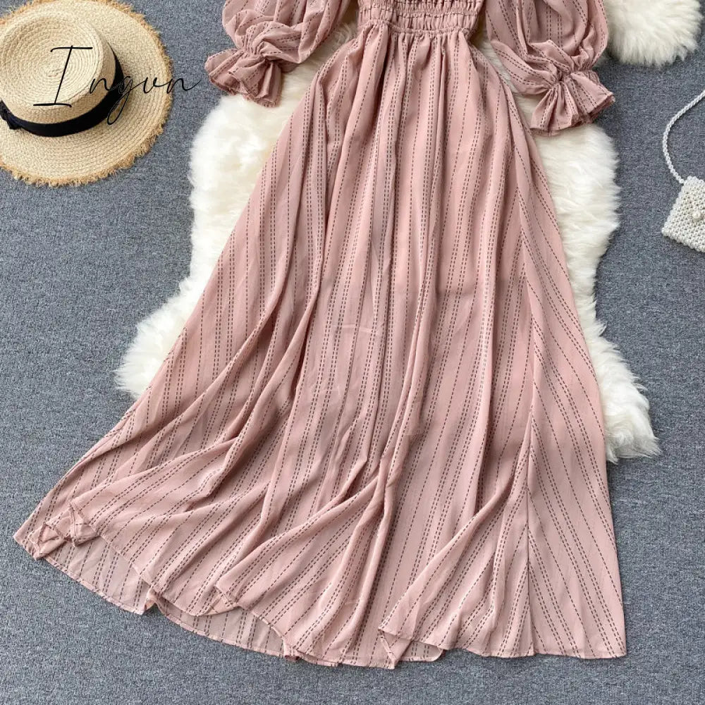 Ingvn - Summer Beach Chiffon Long Dress Elegant Solid Lantern Sleeve High Waist Women Maxi Dress Party Club Ladies Vestidos New