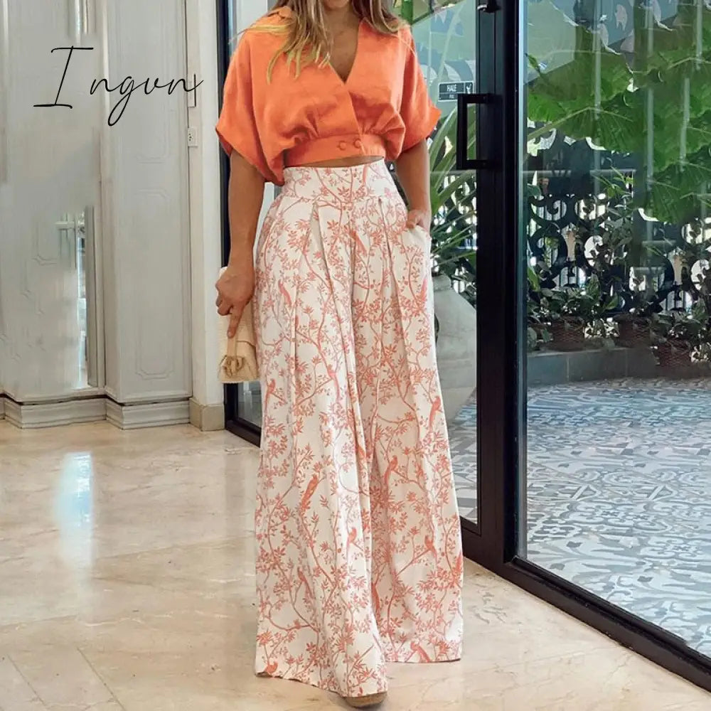 Ingvn - 2023 Fashion Summer Autumn Two Piece Sets Womens Fashion Sexy Mid Sleeve Shirt Elgant Floral Print Wide Leg Pant Suit Casual 2pcs Set Women